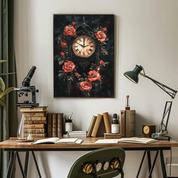 Gothic Victorian Clock with Red Roses Artwork Poster