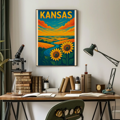Kansas Sunflower Fields River Prairie Landscape Travel Poster