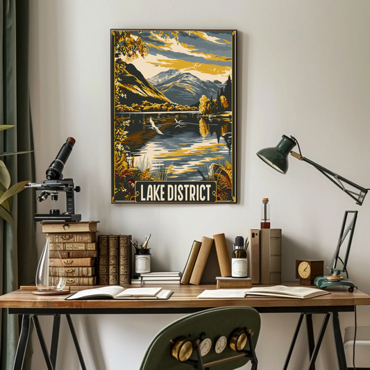 Lake District Golden Mountains Waterfowl Scene Travel Poster