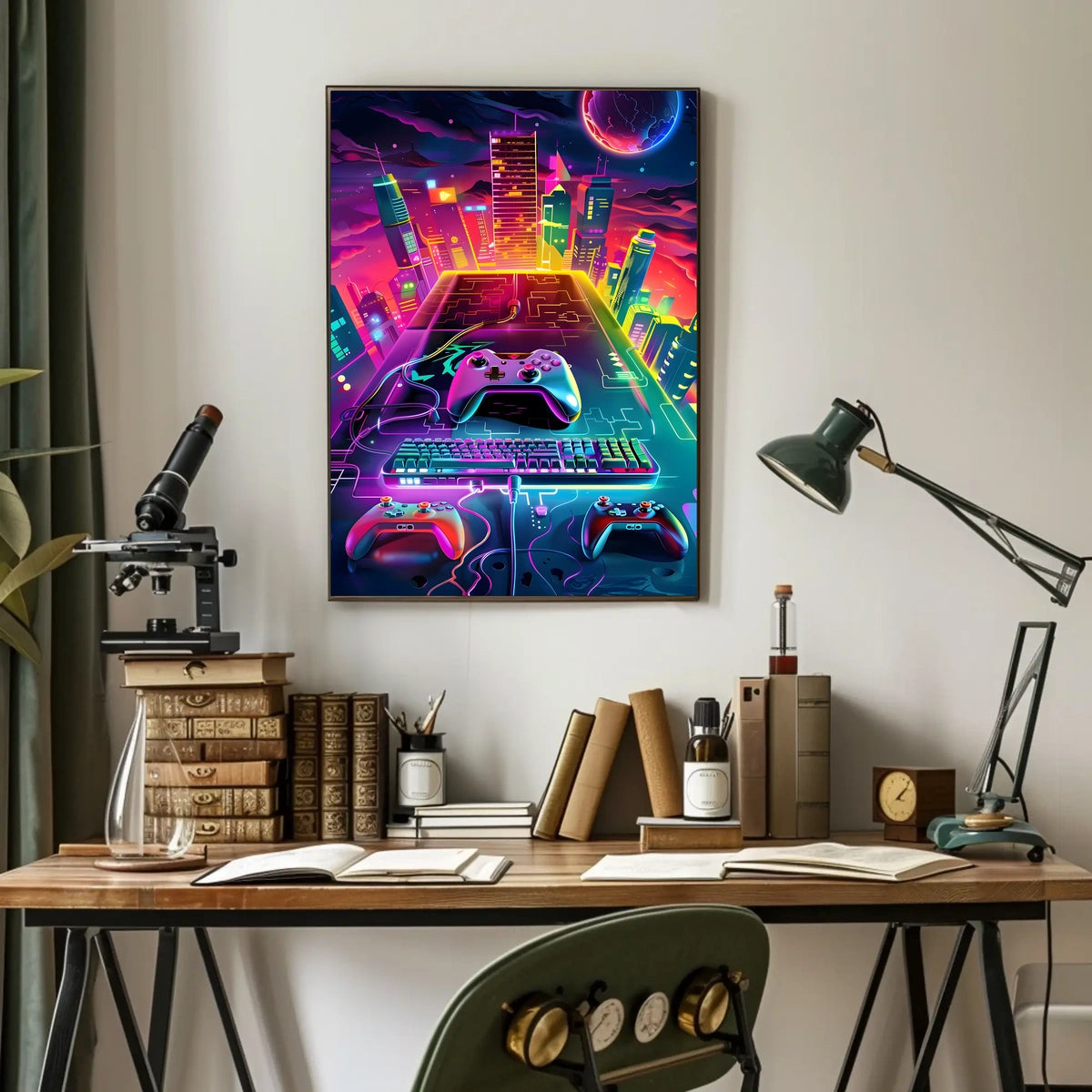 Neon Gaming Cityscape Poster
