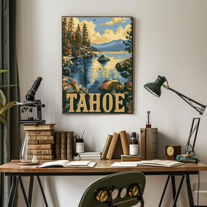 Lake Tahoe Sunset Pines Mountain Travel Poster
