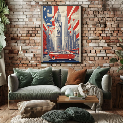 New York Statue Liberty Skyline Vintage Travel Poster