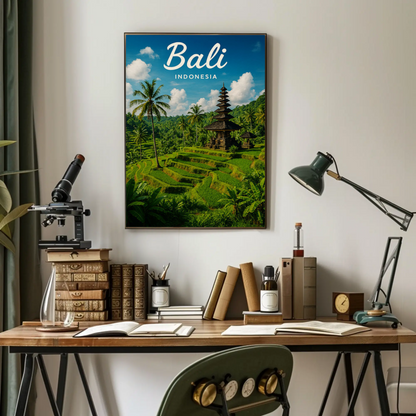 Bali Indonesia Rice Fields Temple Travel Poster