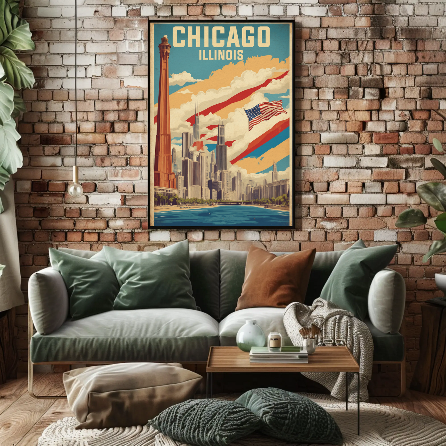 Chicago Illinois Skyline American Flag Cityscape Vintage Travel Poster
