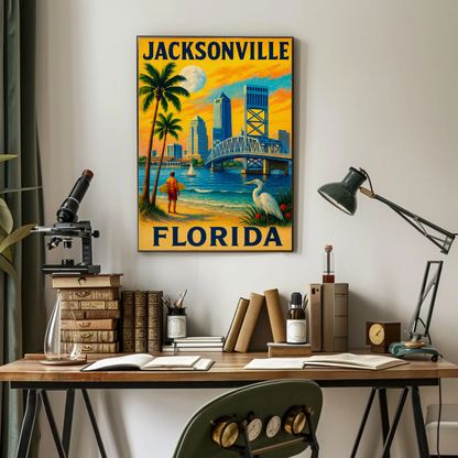 Jacksonville Florida Surfer Bridge Skyline Sunset Travel Poster