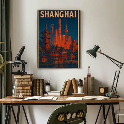 Shanghai Skyline and Pagodas Night Poster