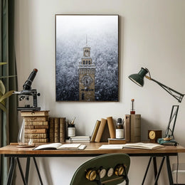 Snow-Covered Clock Tower Poster