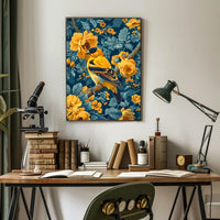 Golden Songbird Wall Art Amidst Blossoms