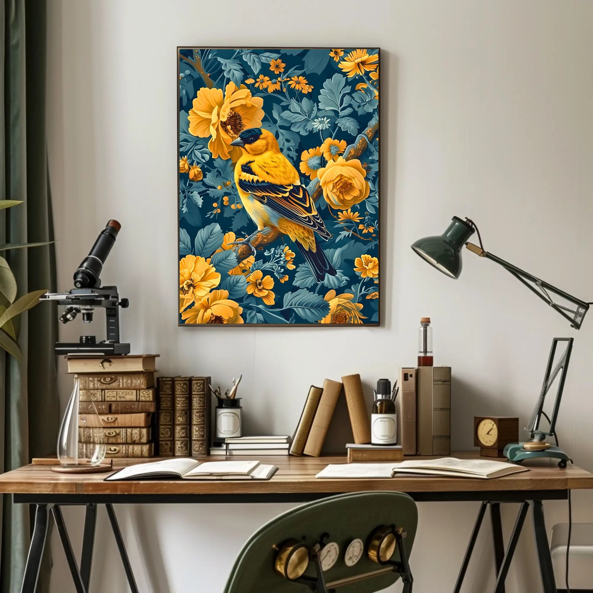 Golden Songbird Wall Art Amidst Blossoms