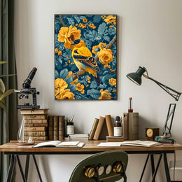 Golden Songbird Wall Art Amidst Blossoms
