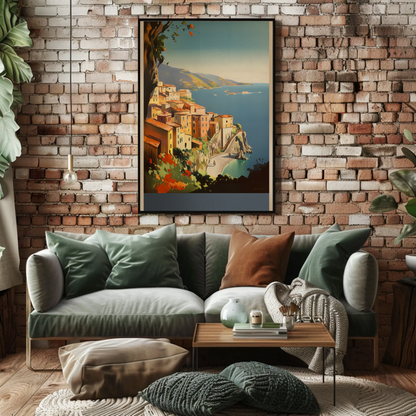 Italy Coastal Village Cliffs Blue Sea Vintage Travel Poster