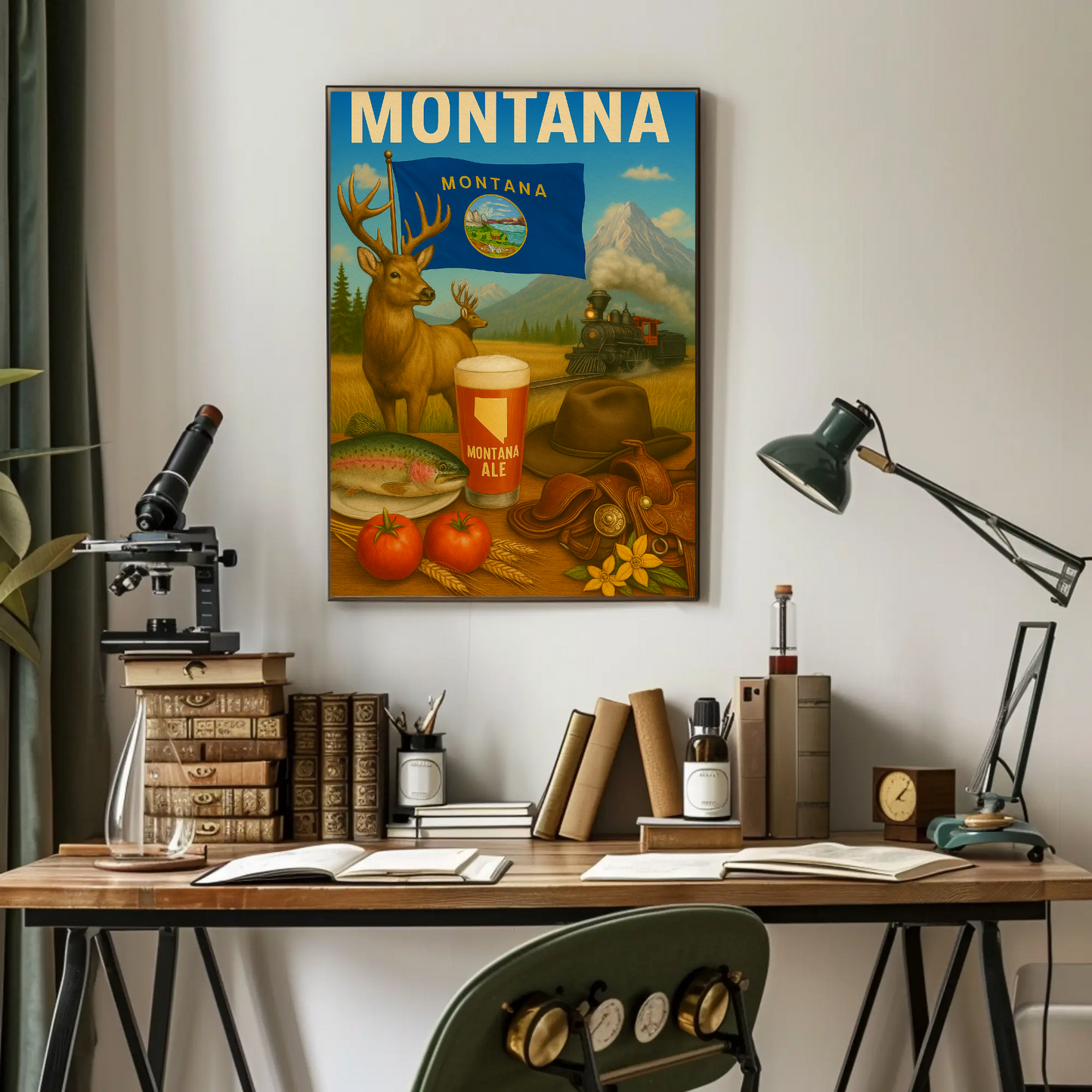 Montana Ale Elk Train Tomato Trout Hat Travel Poster