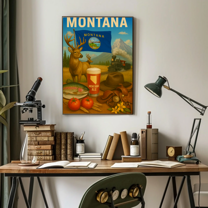 Montana Ale Elk Train Tomato Trout Hat Travel Poster