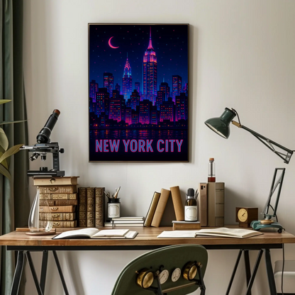 New York Neon Skyline Empire State Night Stars Travel Poster