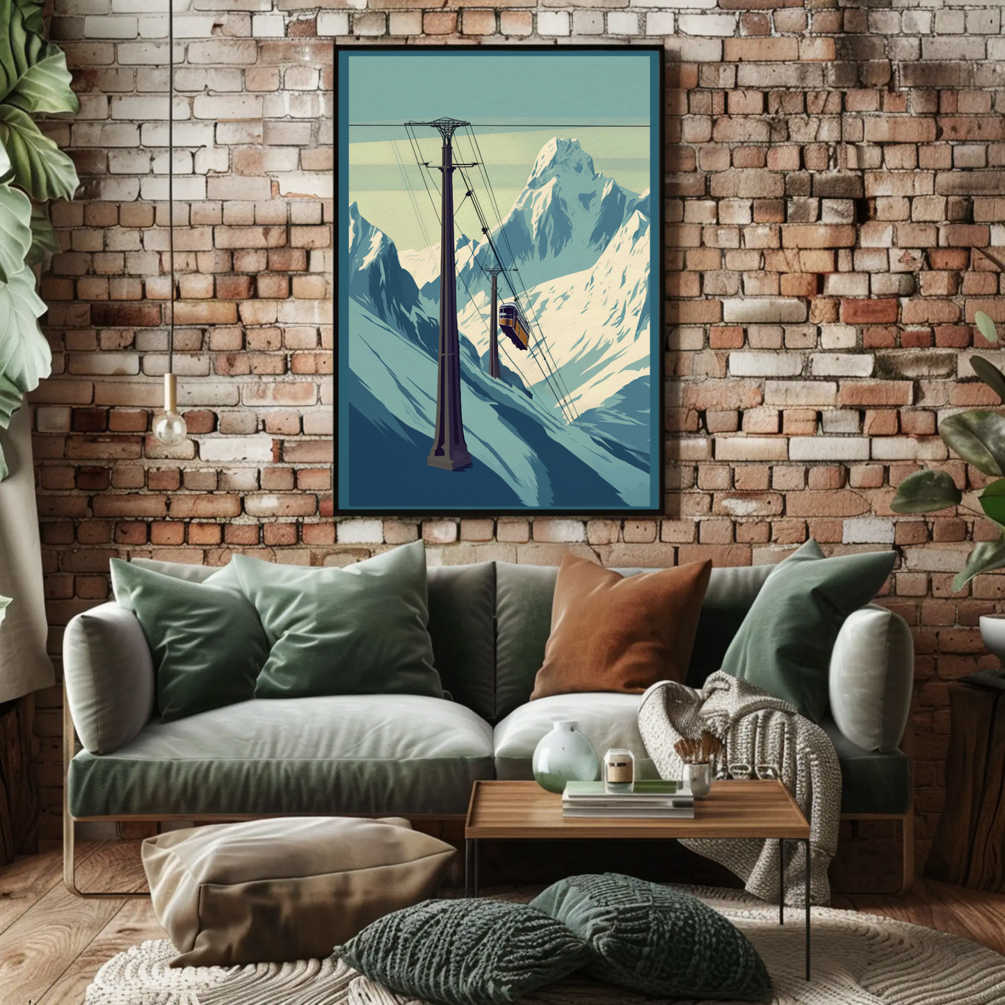 Ski Lift Across Winter Mountain Range Vintage Travel Poster