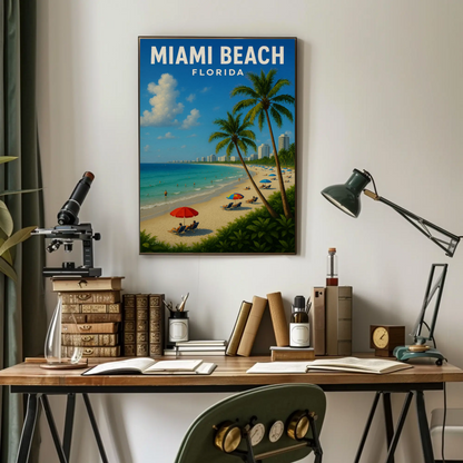 Miami Beach Florida Coastline Umbrellas Hotel Skyline Poster