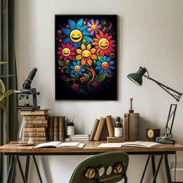 Vibrant Smiley Flowers Pop Art Poster for Joy