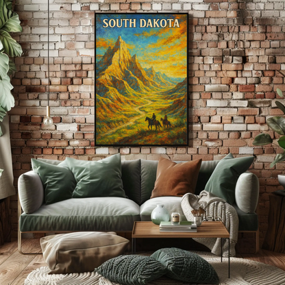 South Dakota Painted Cowboy Mountains Trail Vintage Travel Poster