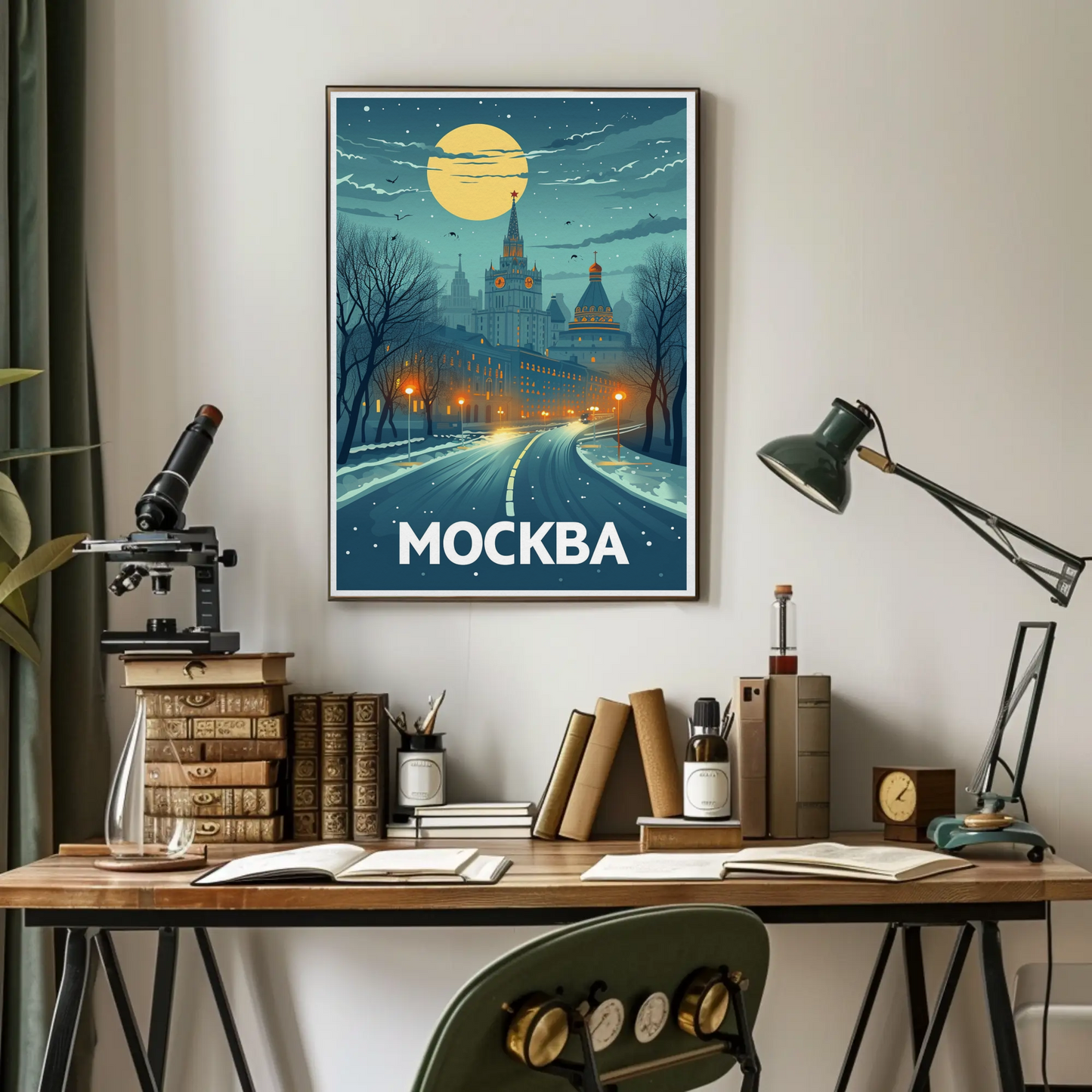 Moscow Russia Winter Night Skyline Travel Poster
