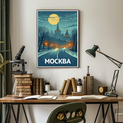 Moscow Russia Winter Night Skyline Travel Poster