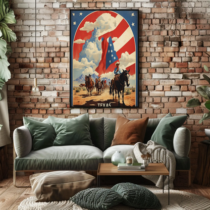 Texas Cowboys Horses Flag Desert Vintage Travel Poster