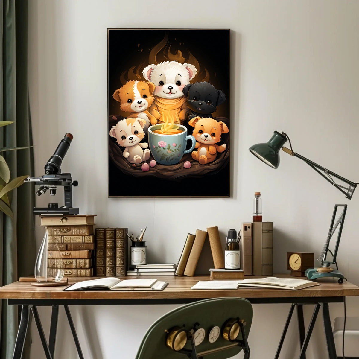 Whimsical Puppies Tea Time Art Poster Print