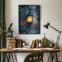 Rustic Lantern in Serene Nighttime Landscape Poster