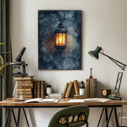 Rustic Lantern in Serene Nighttime Landscape Poster