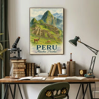 Machu Picchu Vintage Travel Poster with Llamas