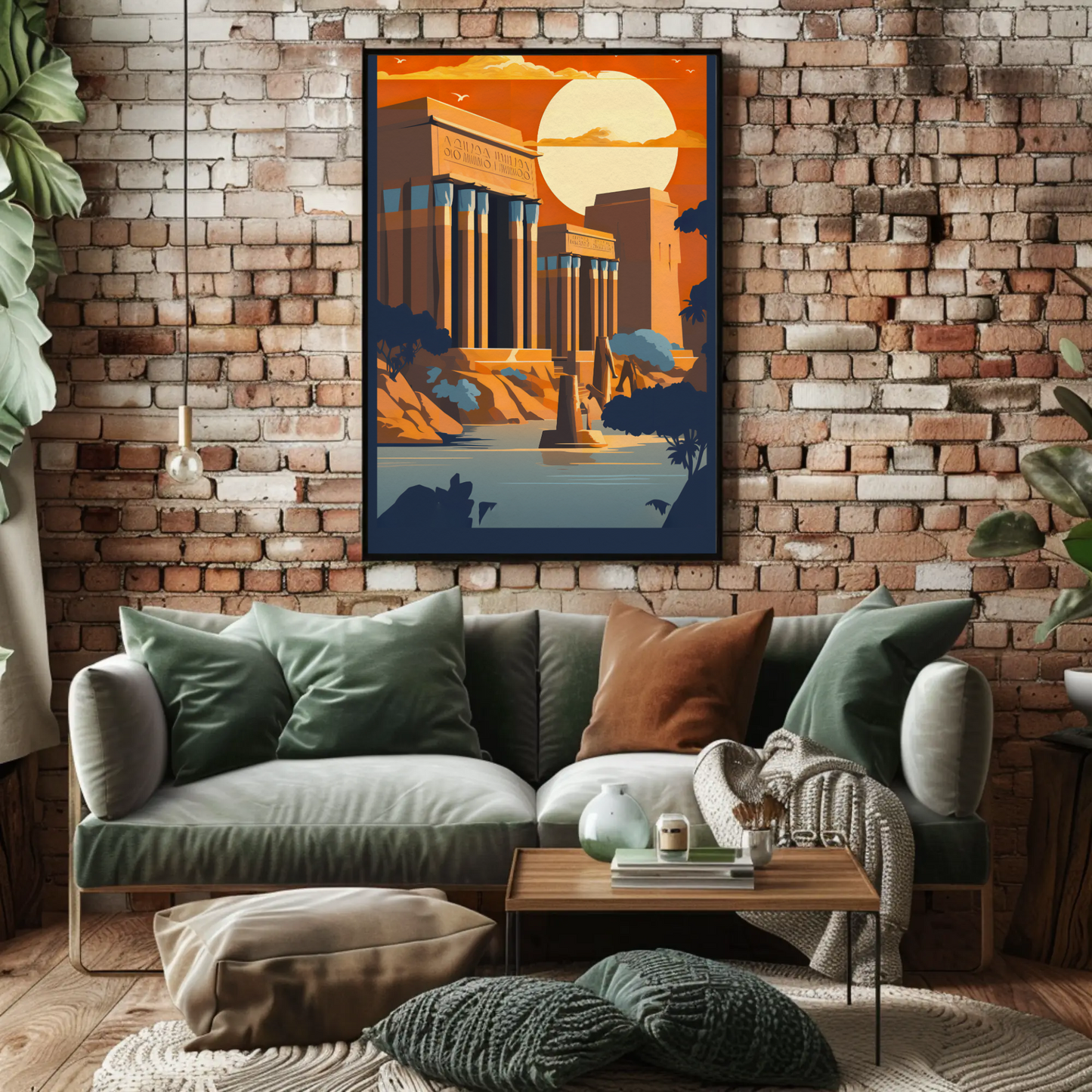 Egyptian Ruins Sunlit Columns River Vintage Travel Poster