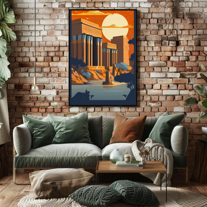 Egyptian Ruins Sunlit Columns River Vintage Travel Poster