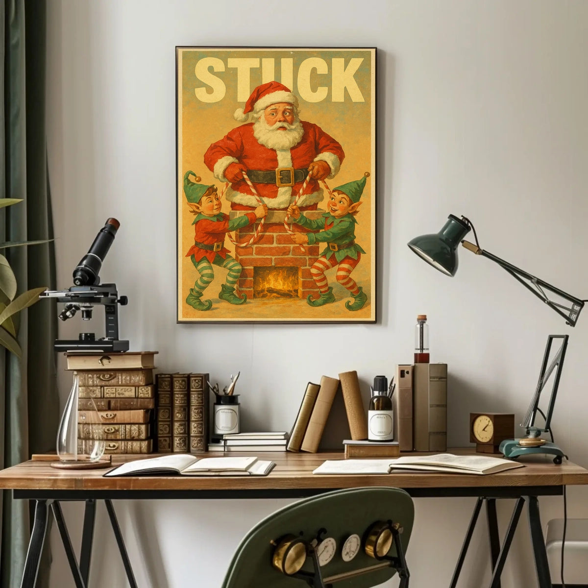 Santa Stuck in Chimney Christmas Poster Art