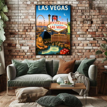 Las Vegas Iconic Landmarks Night Lights Vintage Travel Poster