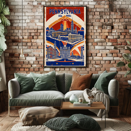 Pennsylvania USA 1950s Monument Skyline Vintage Travel Poster