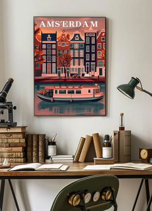Amsterdam Canal Houses: Warm Scenic Travel Poster