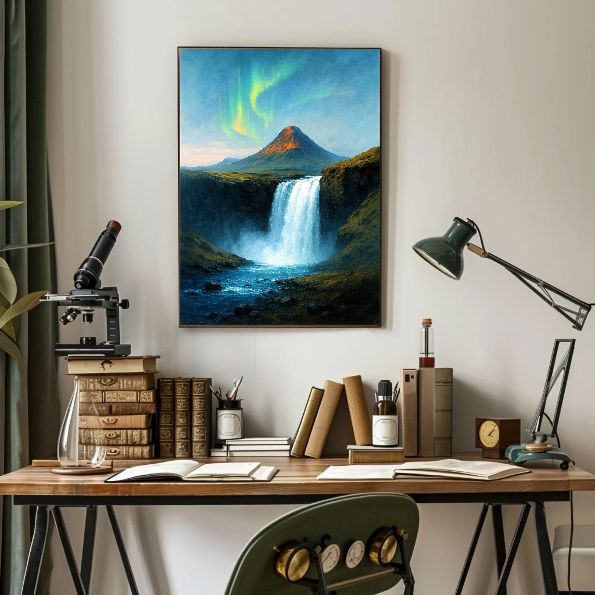 Majestic Northern Lights Over Waterfall Poster