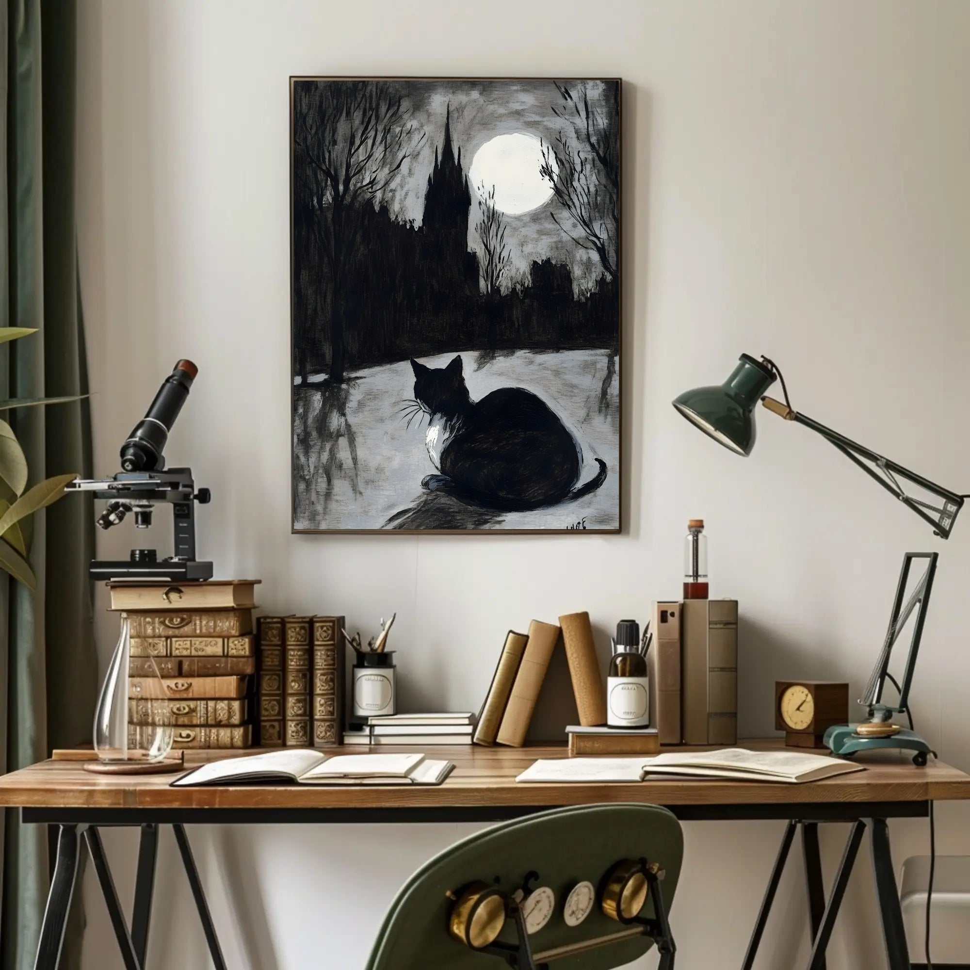 Moonlit Cat with Gothic Castle Artistic Poster PosterGoat