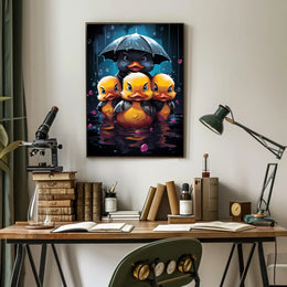 Ducklings in Rainstorm: Whimsical Family Art Poster