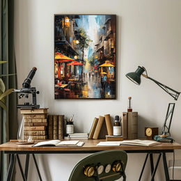 Lively European City Street Scene Artistic Poster