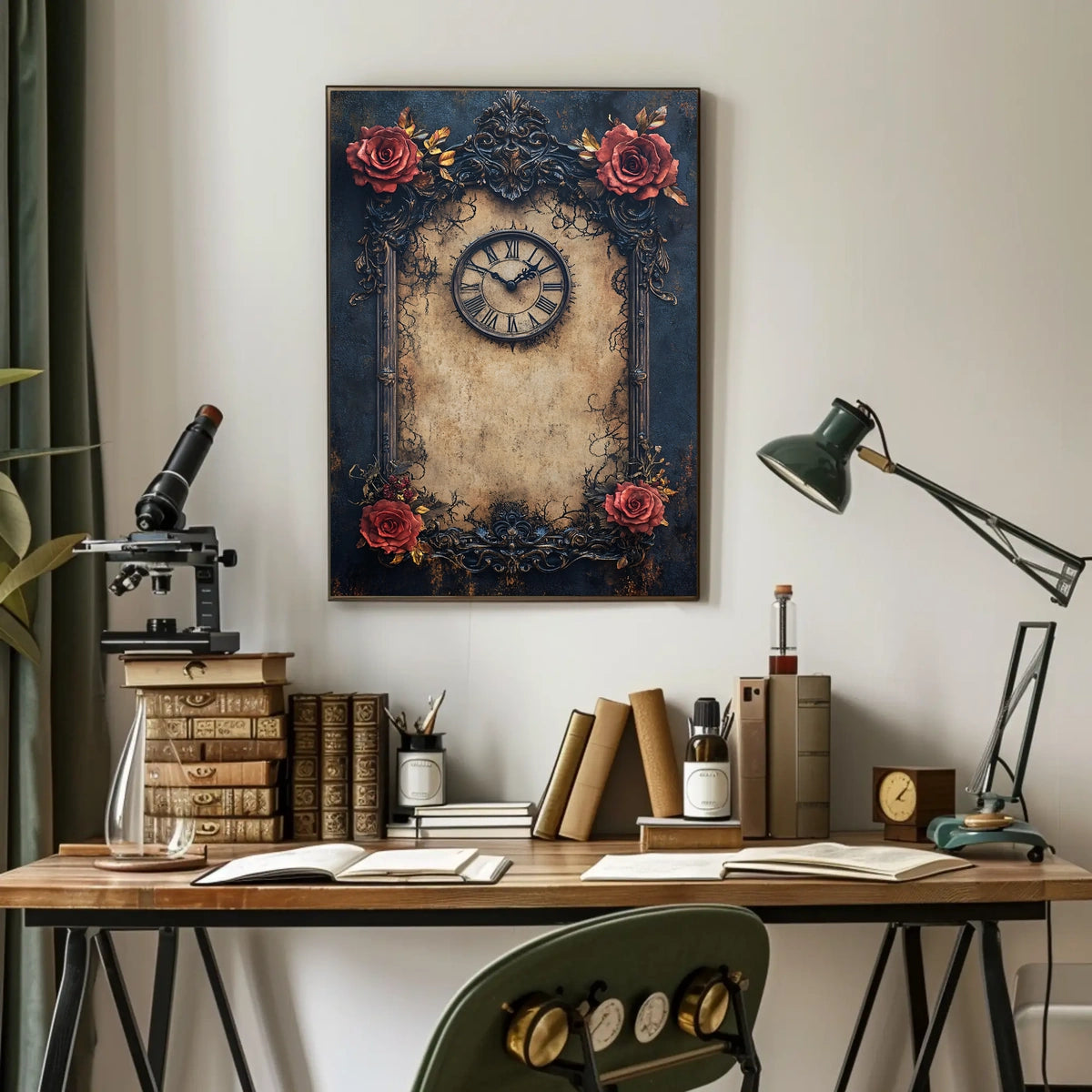 Vintage Clock and Roses: Baroque Victorian Heritage Poster