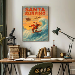 Santa Surfing Vintage Christmas Beach Poster