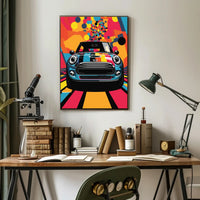 Mini Car Pop Art Poster: Vibrant Geometric Design