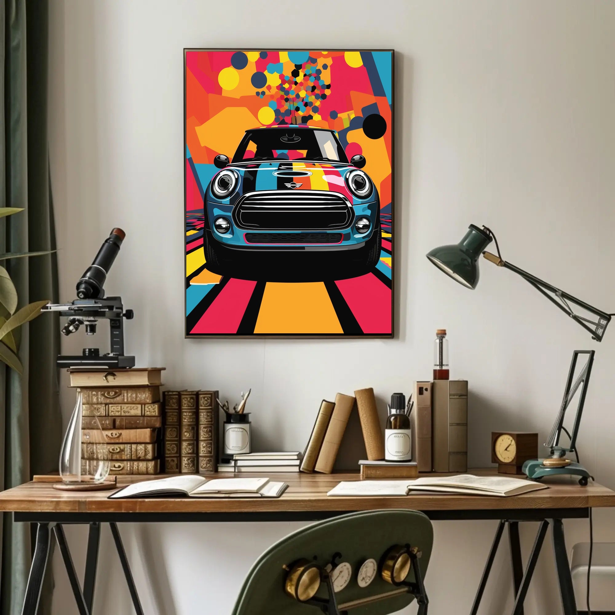 Mini Car Pop Art Poster: Vibrant Geometric Design