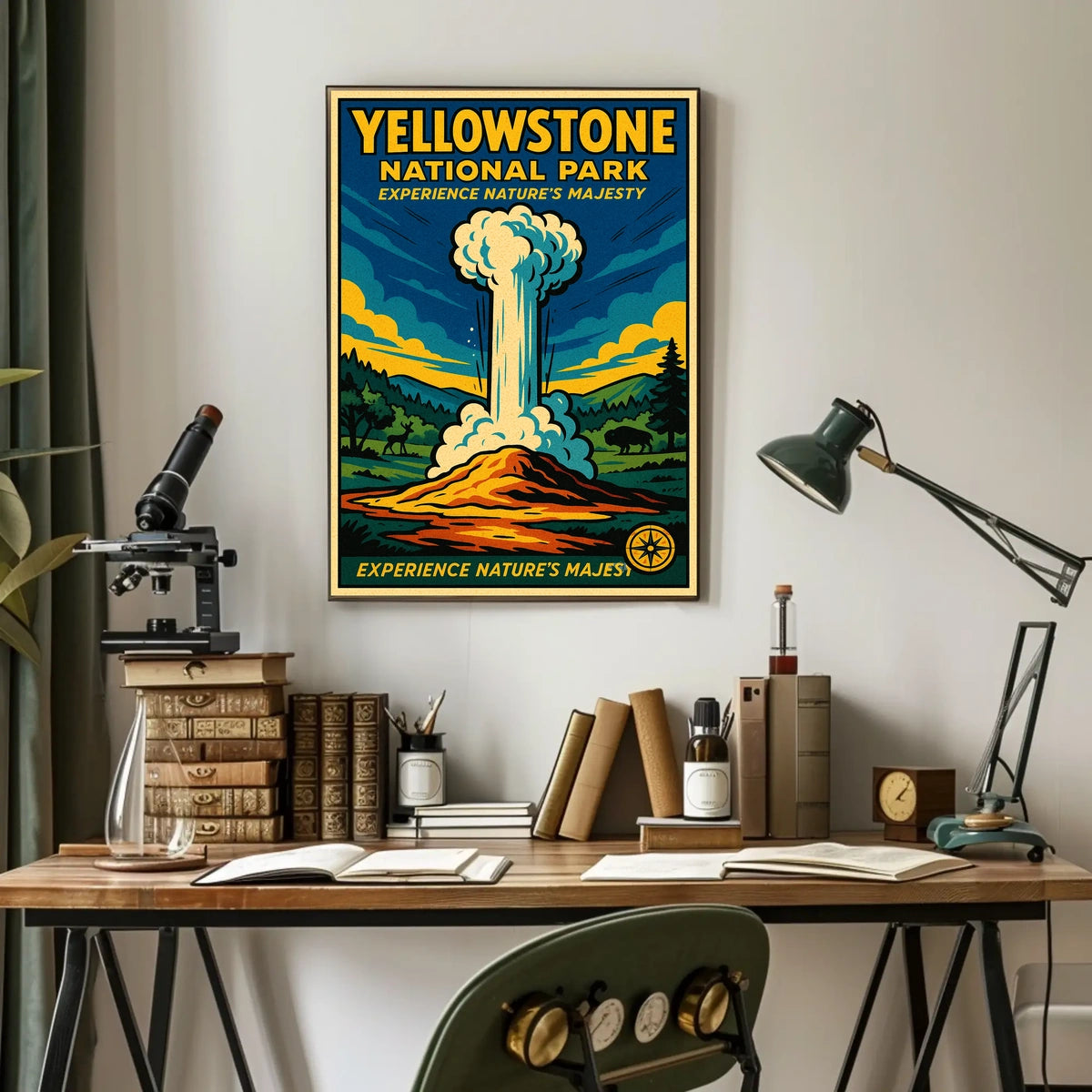 Yellowstone National Park Vintage Illustration Geyser Poster