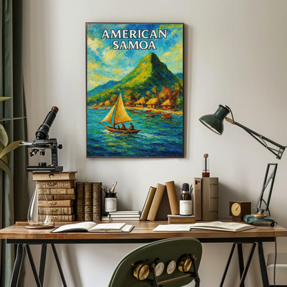 American Samoa Sailing Boats Mountain Coast Travel Poster