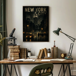 Empire State Building Night Poster Vintage Wall Art