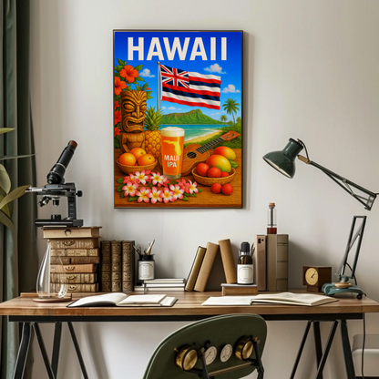 Hawaii Flag Fruits Tiki Beer Music Travel Poster