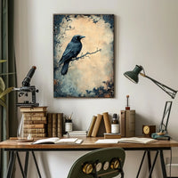 Stylized Raven on Branch Artistic Animal Poster