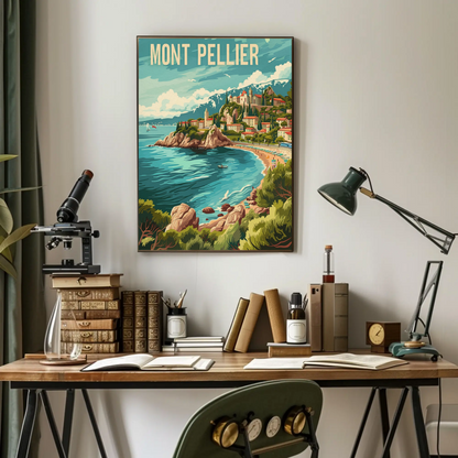 Montpellier France Coast Hillside Village Travel Poster