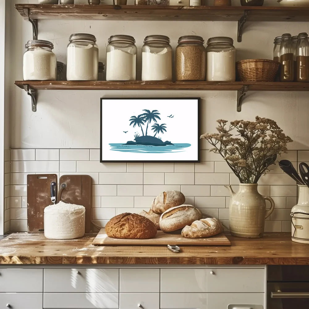 Serene Island Silhouette Modern Blue Art Poster
